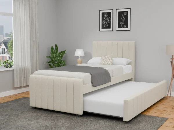 מיטת יחיד 90×190 מרופדת בד רחיץ עם מיטת חבר נשלפת דגם לונה – קרם