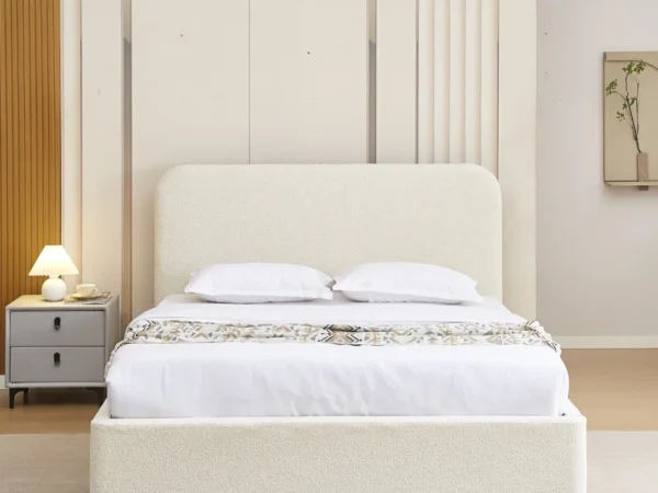 מיטה זוגית 140×190 מרופדת בד בוקלה עם ארגז מצעים בשיטת 