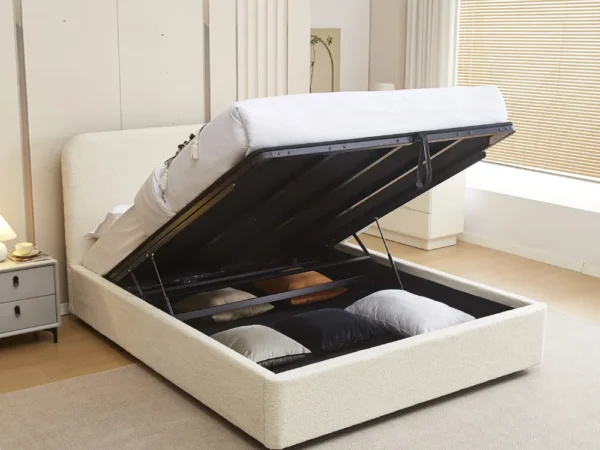 מיטה זוגית 160×200 בריפוד בד בוקלה עם ארגז מצעים דגם Liora 160 Cream