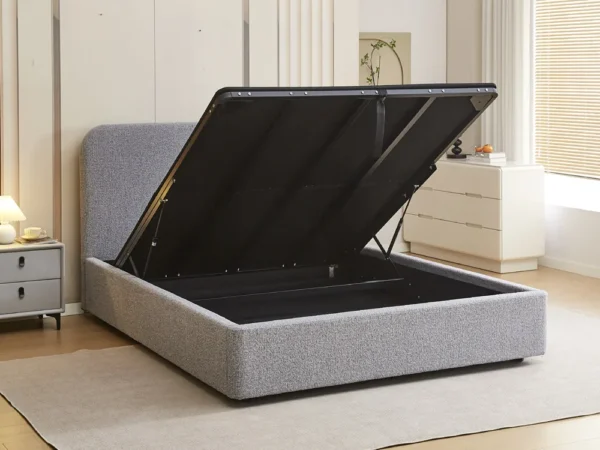 מיטה זוגית 140×190 מרופדת בד בוקלה עם ארגז מצעים דגם Bella Gray