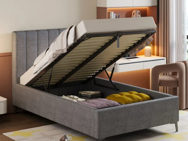 מיטת יחיד 90×190 מרופדת בד רחיץ עם ארגז מצעים דגם מיקה – אפור