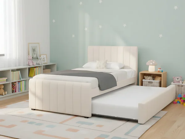 מיטה רחבה 120×190 מרופדת בד רחיץ עם מיטת חבר נשלפת דגם לונה – קרם