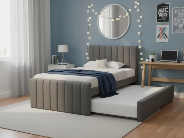 מיטה רחבה 120×190 מרופדת בד רחיץ עם מיטת חבר נשלפת דגם לונה – אפור